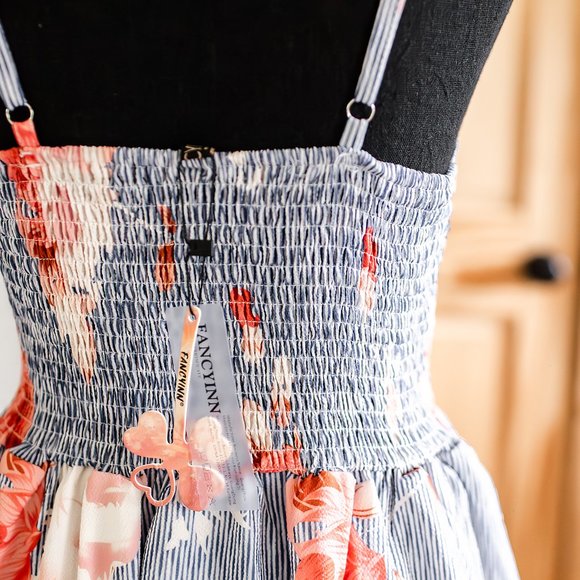 NWT FancyInn Blue Striped Pink Floral Front Cut Out Dress Size S Nautical Cotton - Picture 3 of 14